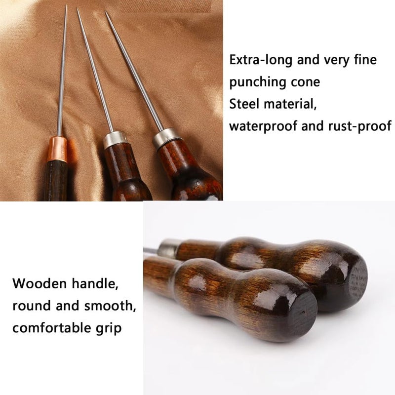 UtySty 3 Pack Scratch Awl Tool with Wooden Handle Gourd Shape Pin Punching for Leather Punch Hole Craft Repair Shoes Sewing Crochet DIY Handmade Stitch - Image 2